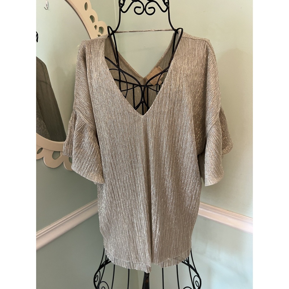 Anthropologie Vanessa Virginia Metallic Silver Gold Ruffle Top XS